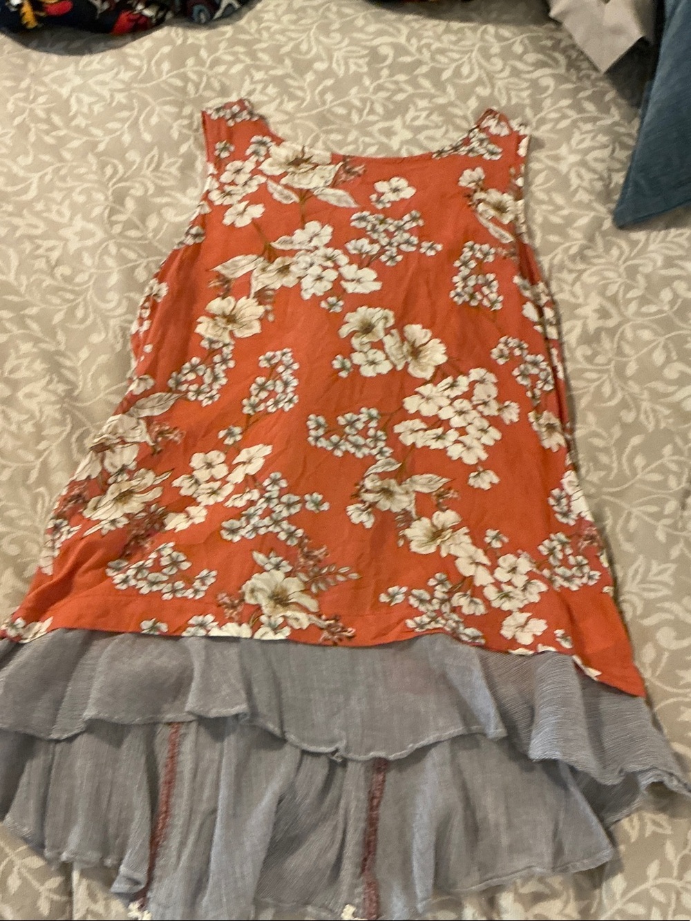 Cupio Coral Floral Sleeveless Dress with Blue Accents